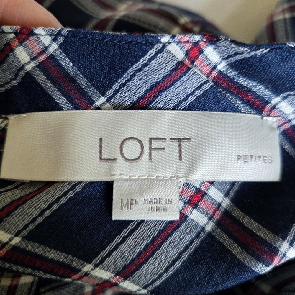 LOFT I MP Plaid Rayon Blend Blouse I blue red white - Picture 6 of 9